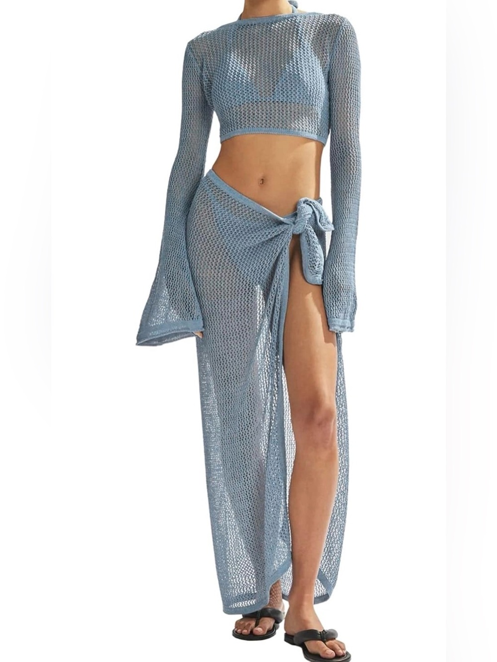 Crochet Bathing Suit Hollow Out 2 Piece Bikini Coverup Beach Swimwear Blue 🔥🔥